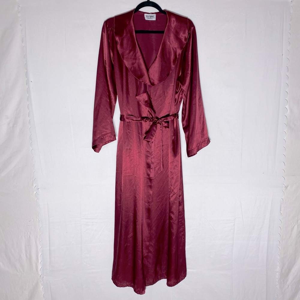 Vintage East West Intimates Burgundy Satin Long Wrap Robe W Ruffle Collar L